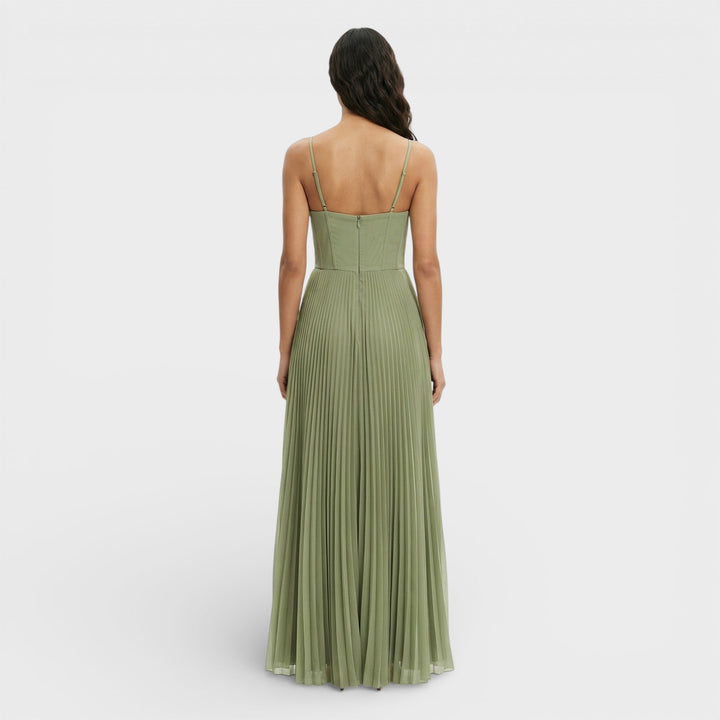 Abito midi donna verde oliva bustier gonna plissettata