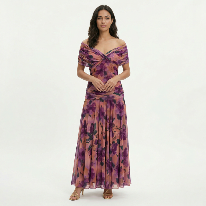 Vestito lungo donna multicolore Spalle scoperte fiocco frontale