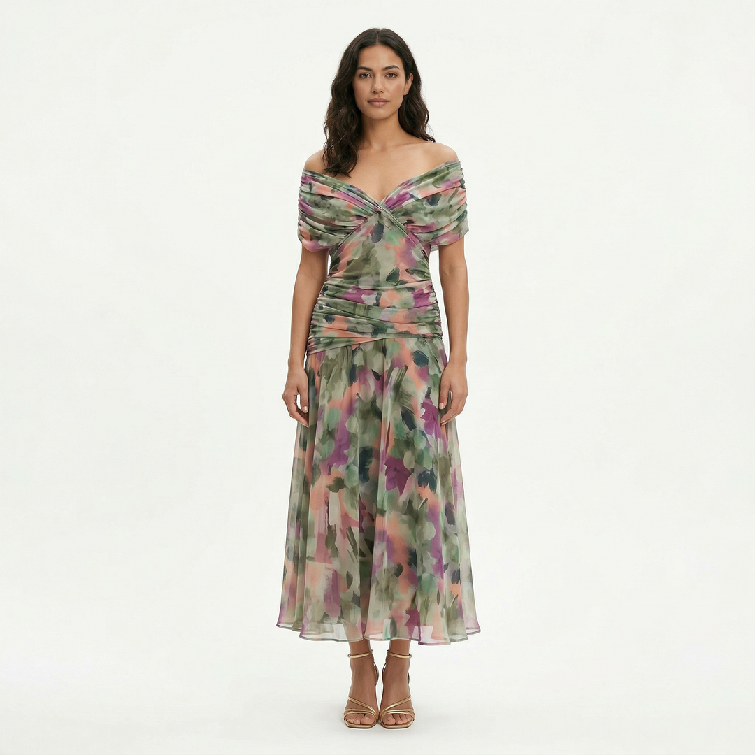Vestito lungo donna multicolore Spalle scoperte fiocco frontale