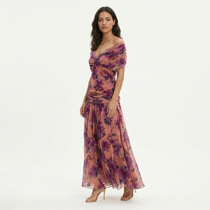 Vestito lungo donna multicolore Spalle scoperte fiocco frontale