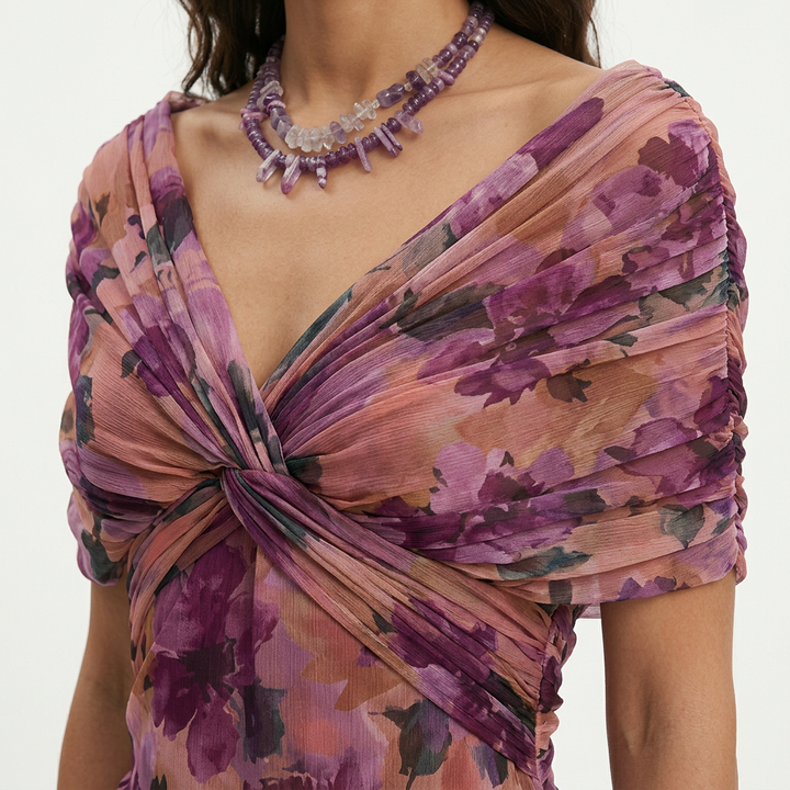 Vestito lungo donna multicolore Spalle scoperte fiocco frontale
