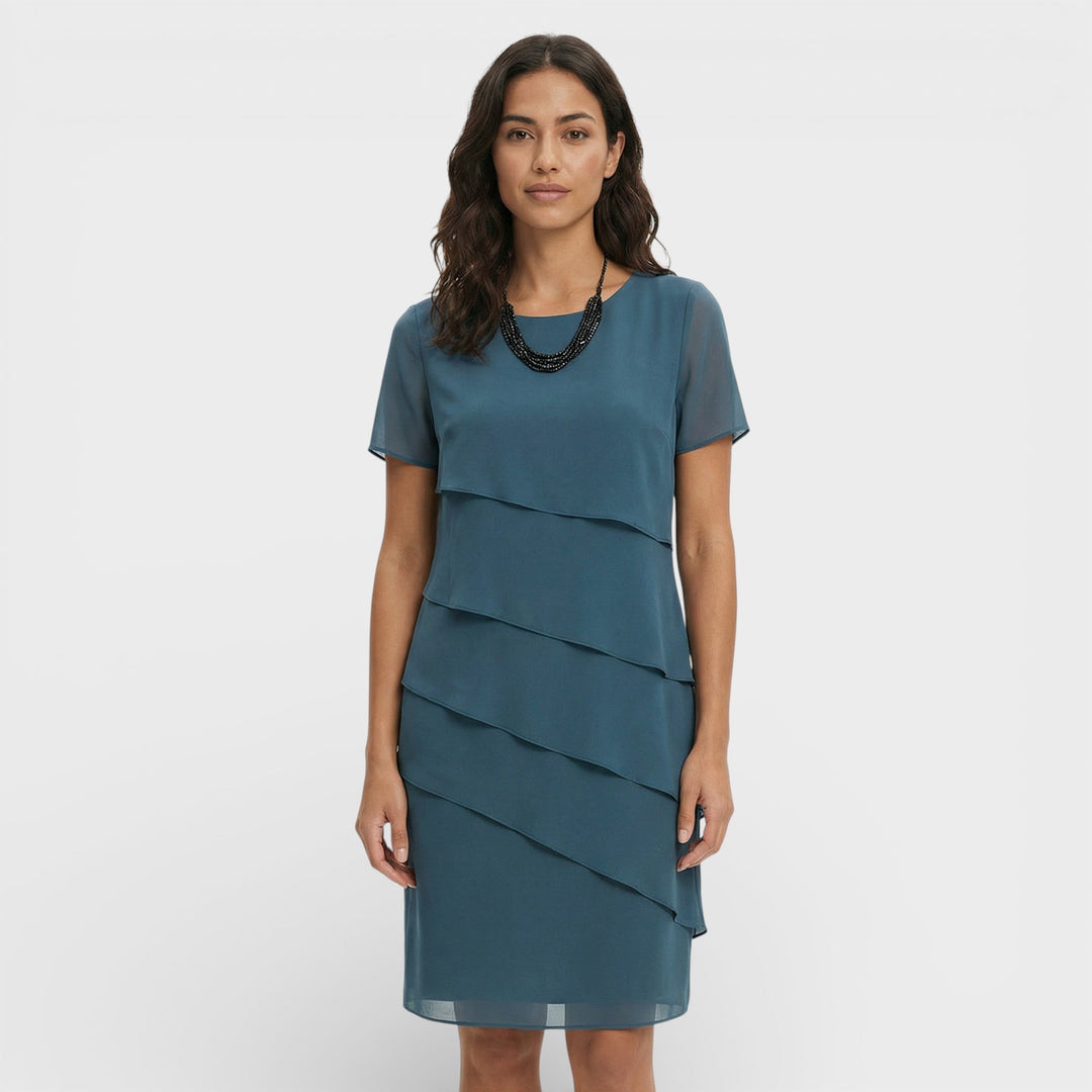Vestito corto da donna con girocollo, maniche corte, balze sovrapposte