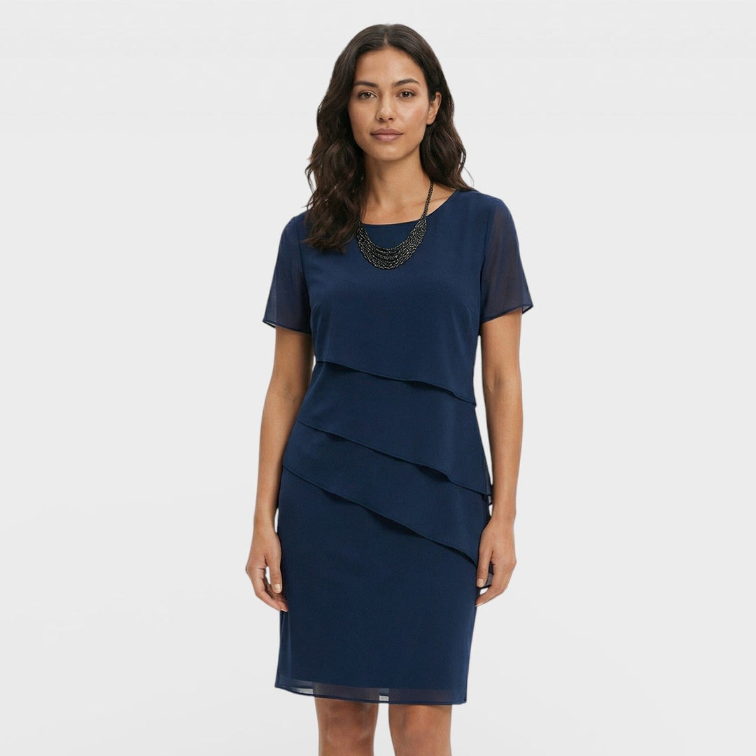 Vestito corto da donna con girocollo, maniche corte, balze sovrapposte