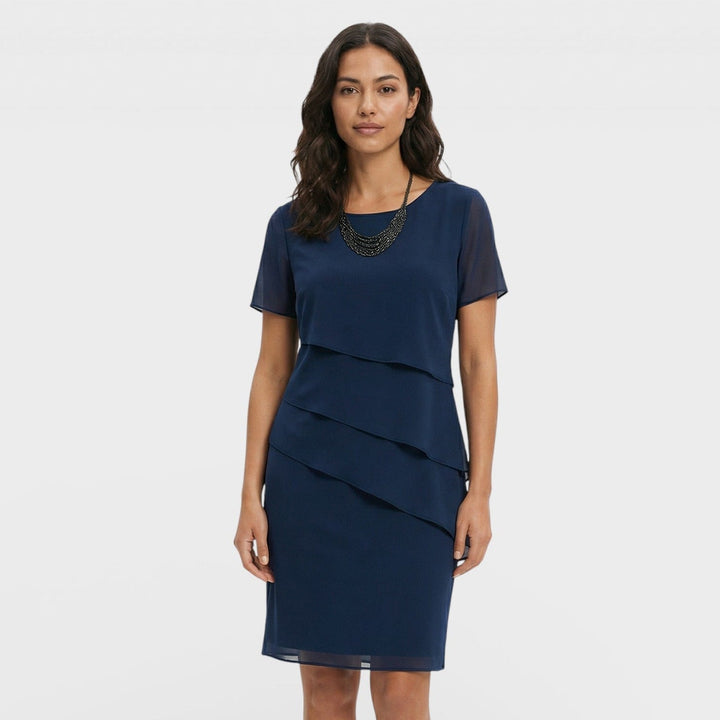 Vestito corto da donna con girocollo, maniche corte, balze sovrapposte