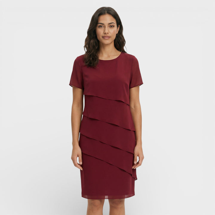 Vestito corto da donna con girocollo, maniche corte, balze sovrapposte