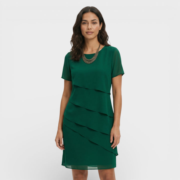 Vestito corto da donna con girocollo, maniche corte, balze sovrapposte