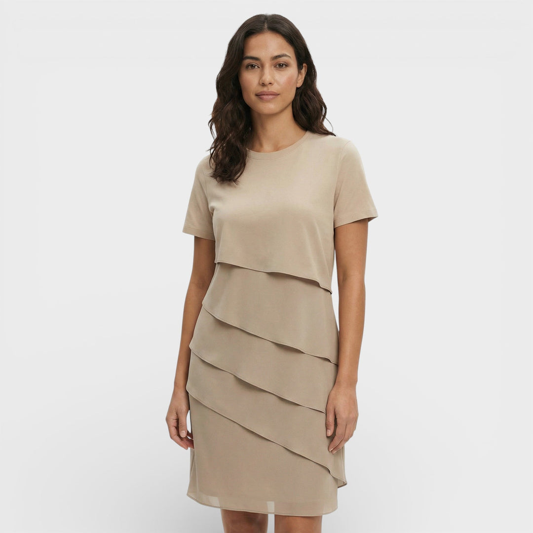 Vestito corto da donna con girocollo, maniche corte, balze sovrapposte