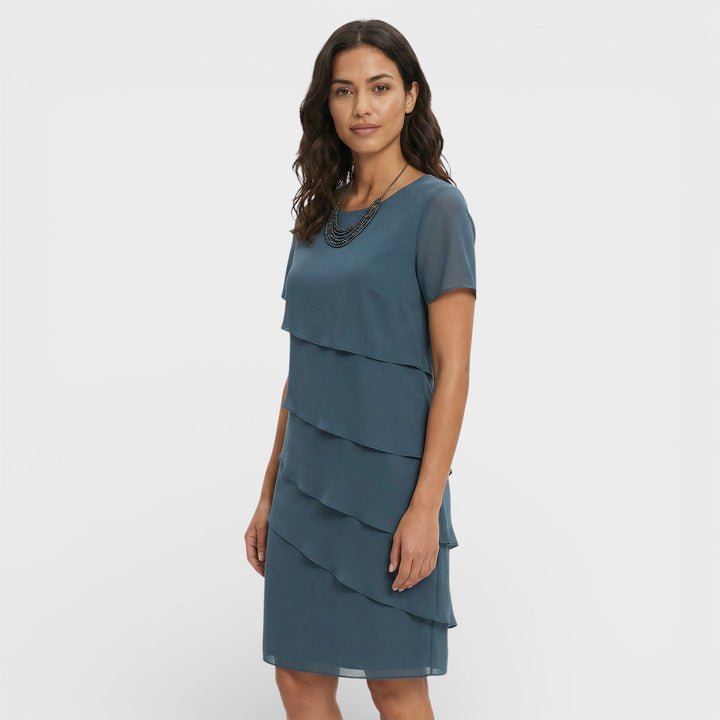 Vestito corto da donna con girocollo, maniche corte, balze sovrapposte