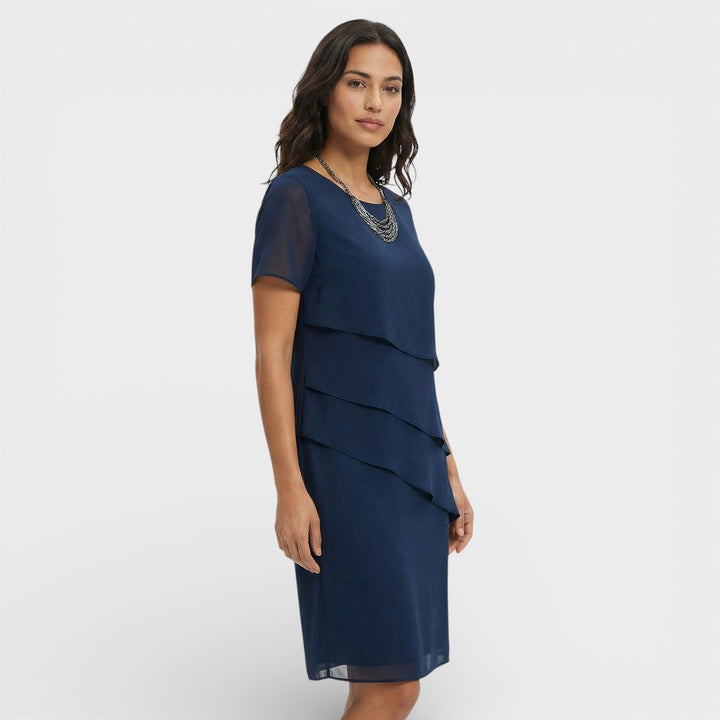 Vestito corto da donna con girocollo, maniche corte, balze sovrapposte