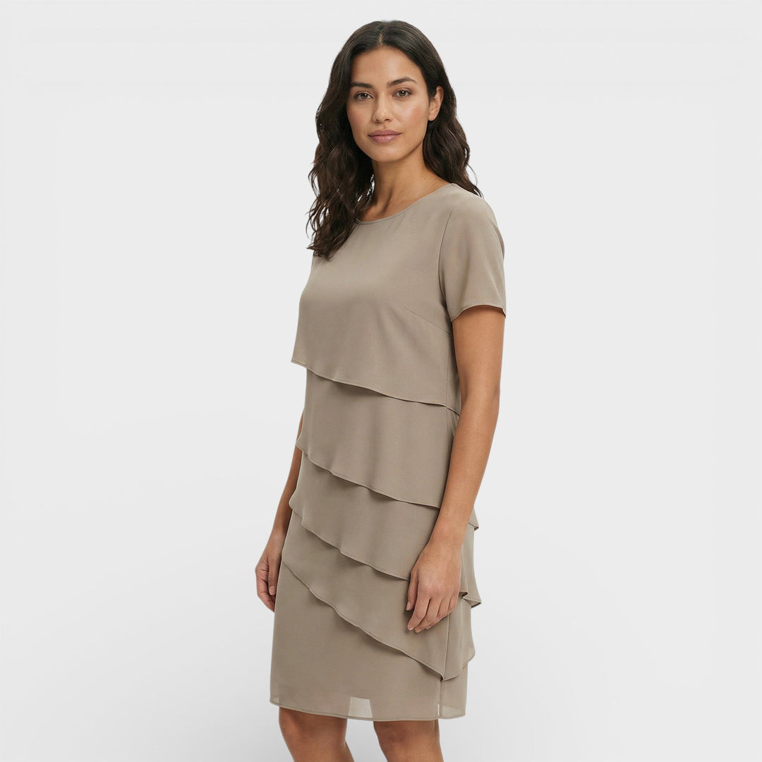 Vestito corto da donna con girocollo, maniche corte, balze sovrapposte