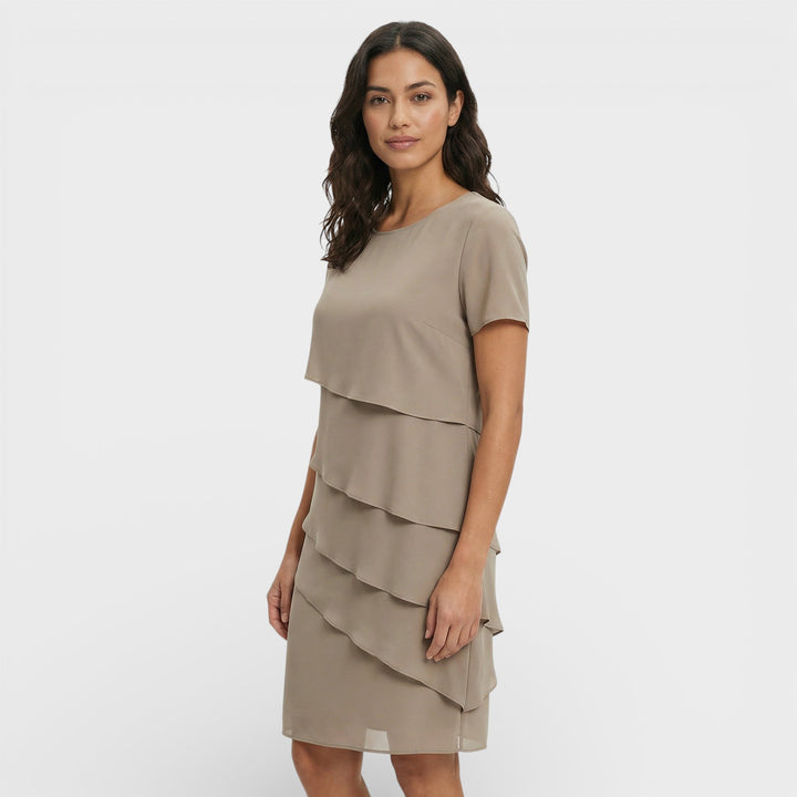 Vestito corto da donna con girocollo, maniche corte, balze sovrapposte