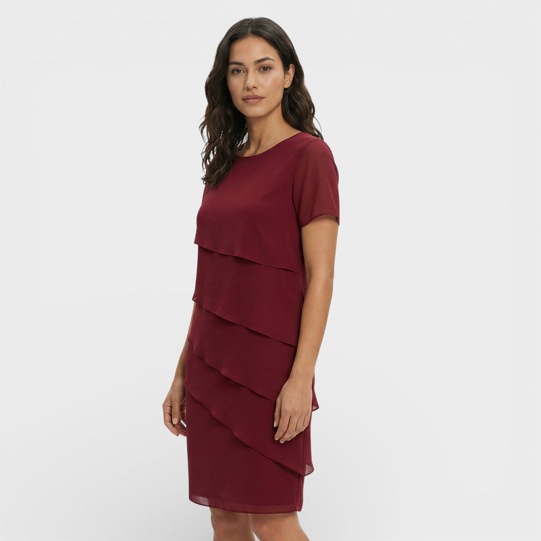 Vestito corto da donna con girocollo, maniche corte, balze sovrapposte