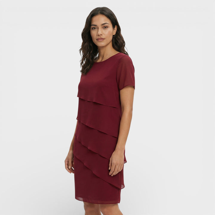 Vestito corto da donna con girocollo, maniche corte, balze sovrapposte