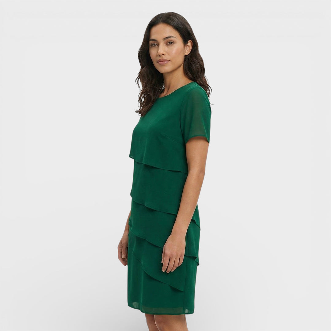 Vestito corto da donna con girocollo, maniche corte, balze sovrapposte