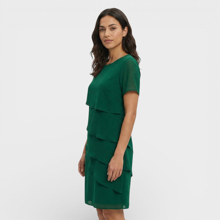 Vestito corto da donna con girocollo, maniche corte, balze sovrapposte