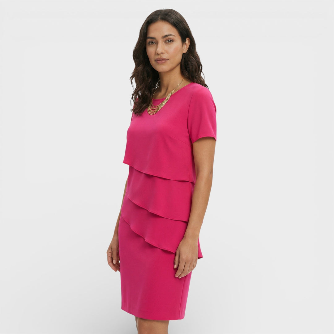 Vestito corto da donna con girocollo, maniche corte, balze sovrapposte