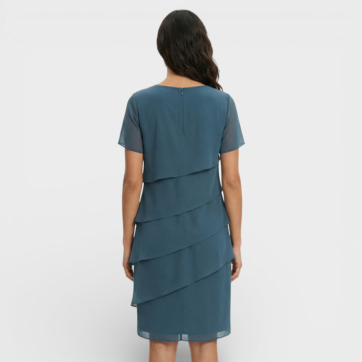 Vestito corto da donna con girocollo, maniche corte, balze sovrapposte