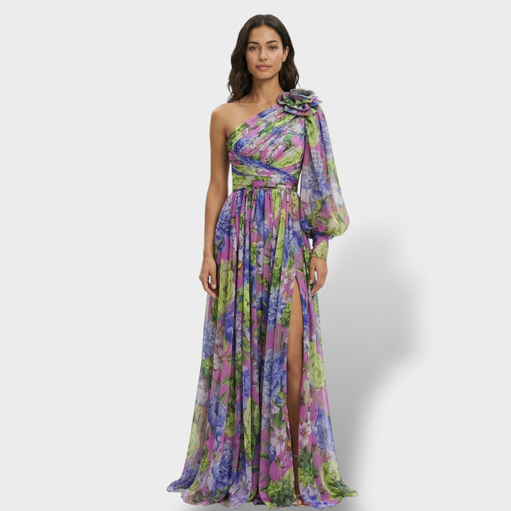 Vestito lungo donna multicolore asimmetrico fiore sulla Spalla spacco