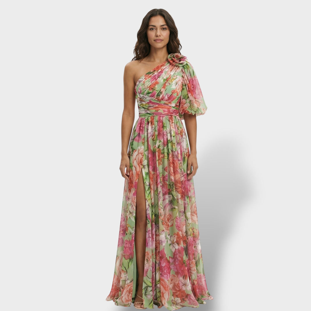 Vestito lungo donna multicolore asimmetrico fiore sulla Spalla spacco