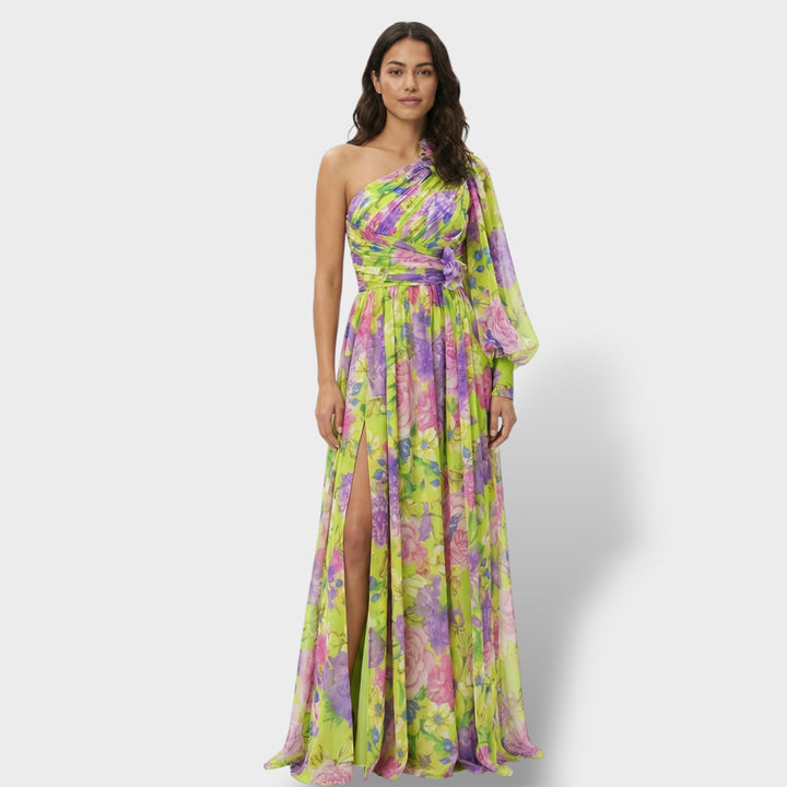 Vestito lungo donna multicolore asimmetrico fiore sulla Spalla spacco