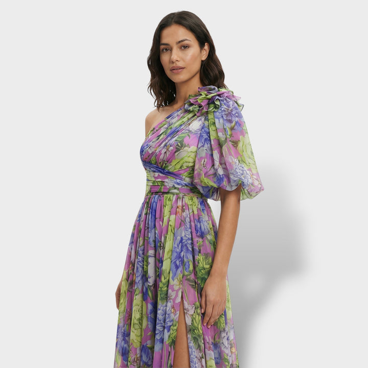 Vestito lungo donna multicolore asimmetrico fiore sulla Spalla spacco