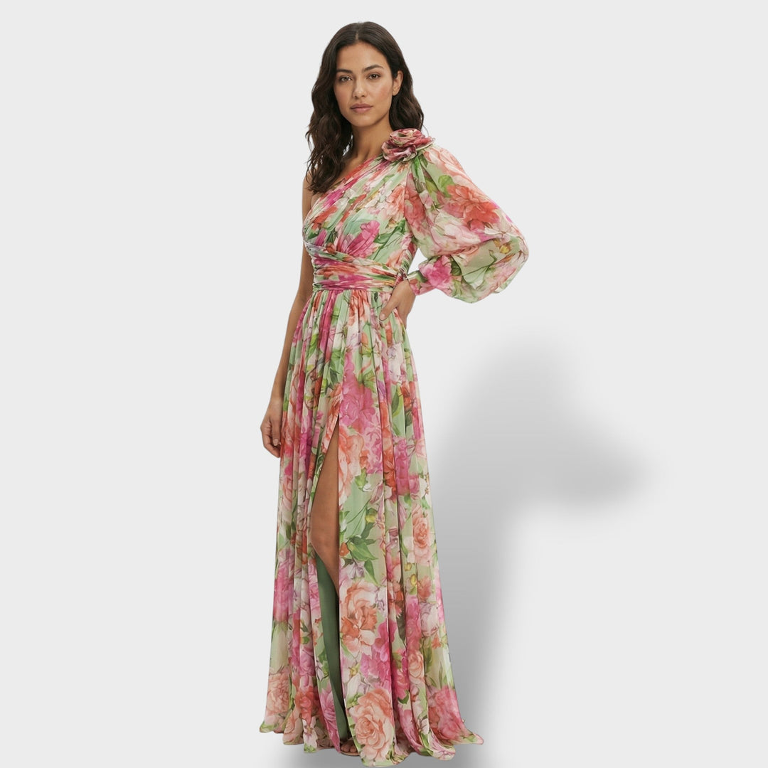 Vestito lungo donna multicolore asimmetrico fiore sulla Spalla spacco