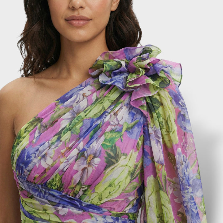 Vestito lungo donna multicolore asimmetrico fiore sulla Spalla spacco