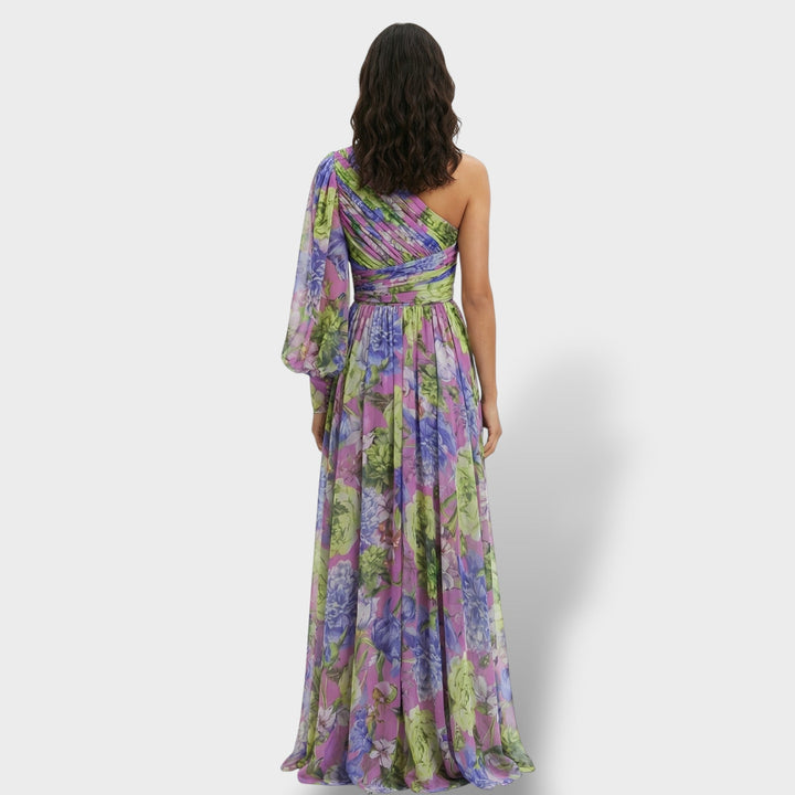 Vestito lungo donna multicolore asimmetrico fiore sulla Spalla spacco