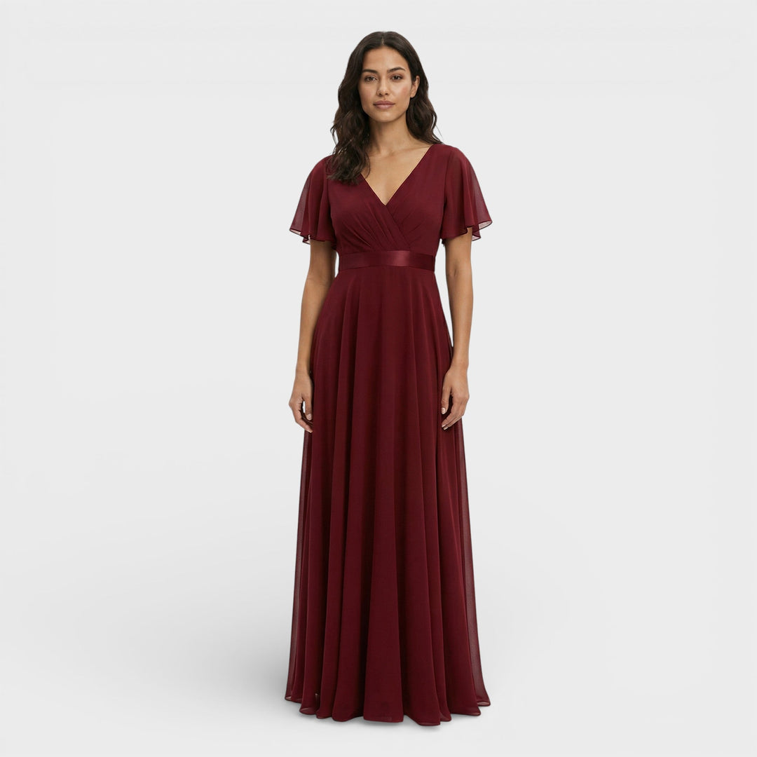 Vestito lungo donna con scollo a V, plissettato, maniche a farfalla, vita impero