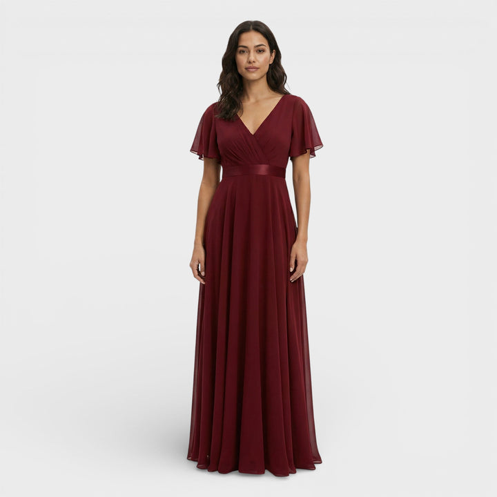 Vestito lungo donna con scollo a V, plissettato, maniche a farfalla, vita impero
