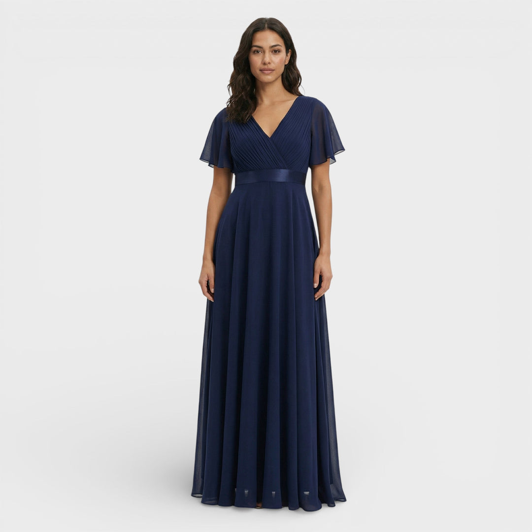 Vestito lungo donna con scollo a V, plissettato, maniche a farfalla, vita impero