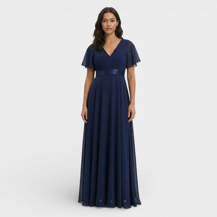 Vestito lungo donna con scollo a V, plissettato, maniche a farfalla, vita impero