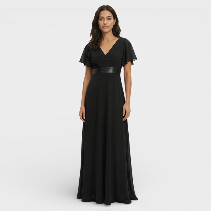 Vestito lungo donna con scollo a V, plissettato, maniche a farfalla, vita impero