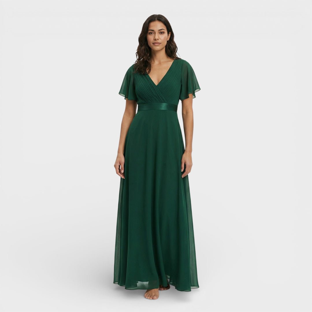 Vestito lungo donna con scollo a V, plissettato, maniche a farfalla, vita impero