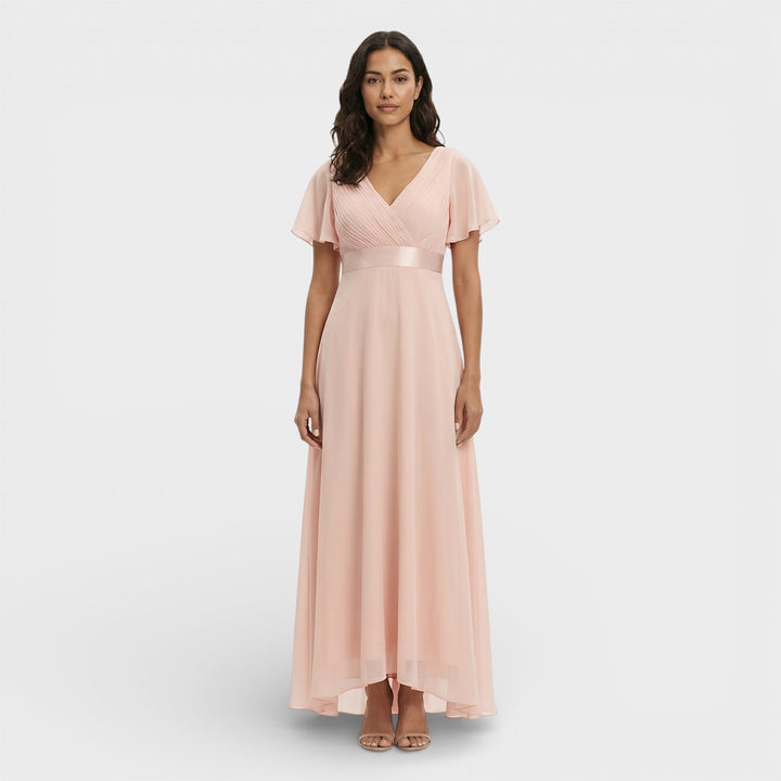 Vestito lungo donna con scollo a V, plissettato, maniche a farfalla, vita impero