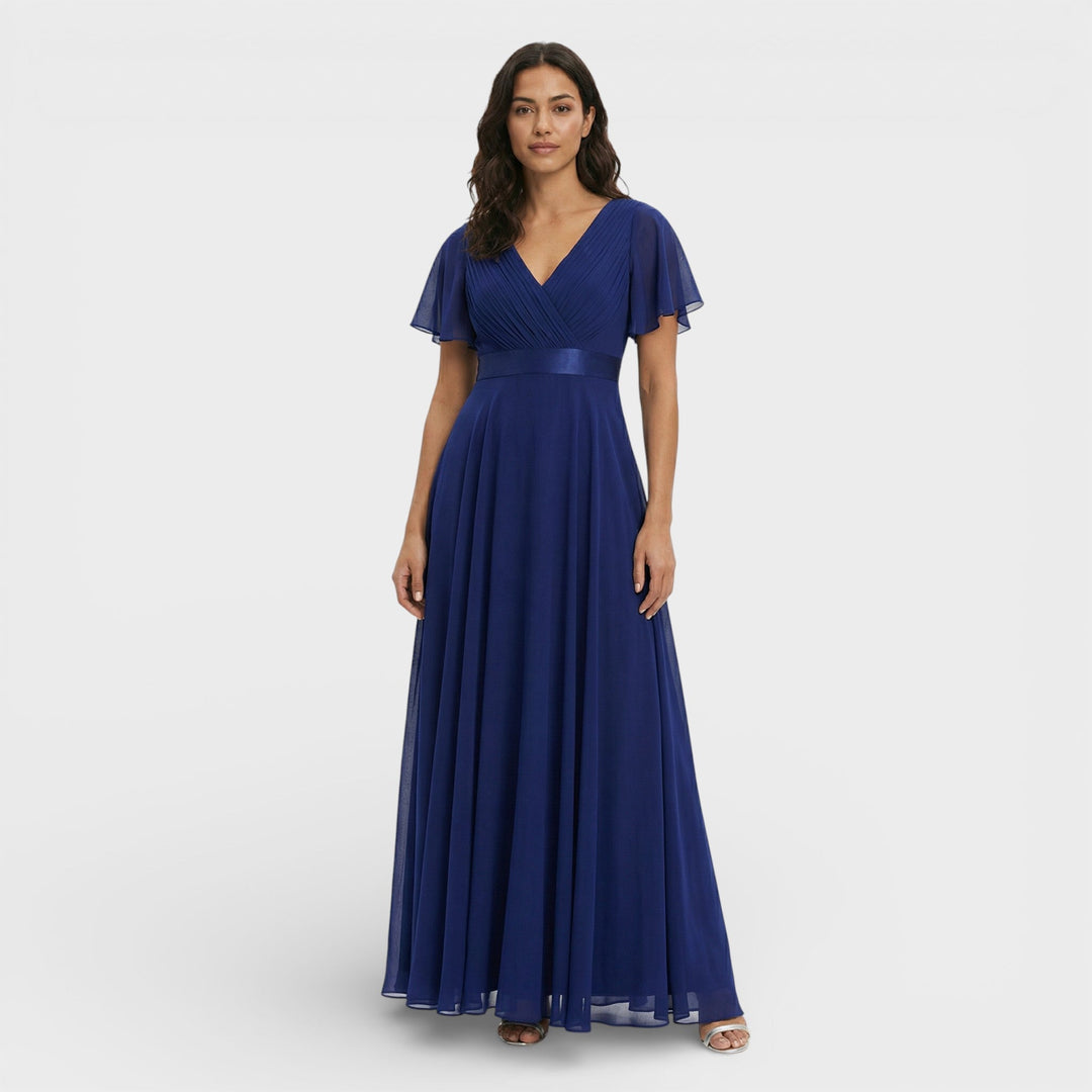 Vestito lungo donna con scollo a V, plissettato, maniche a farfalla, vita impero