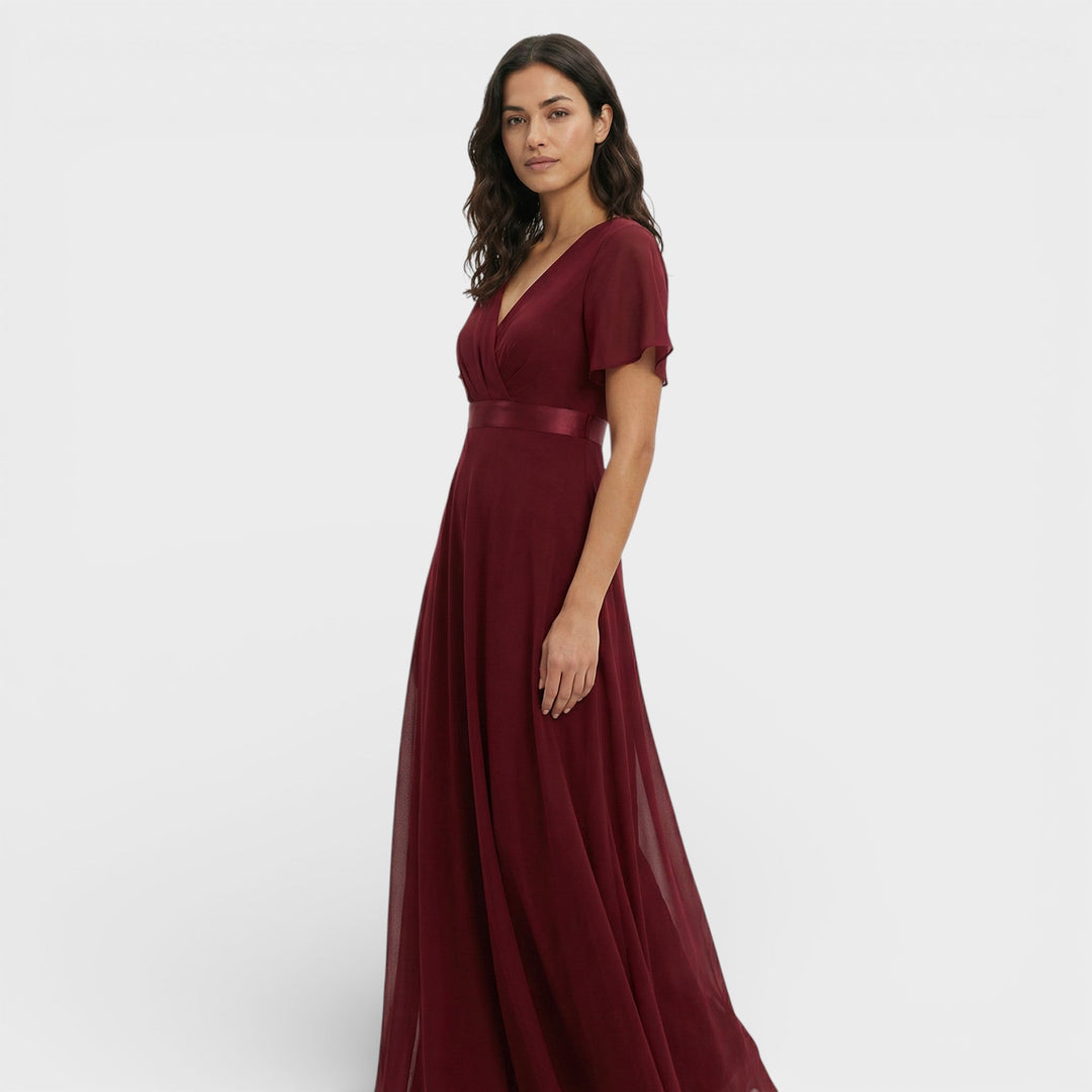 Vestito lungo donna con scollo a V, plissettato, maniche a farfalla, vita impero