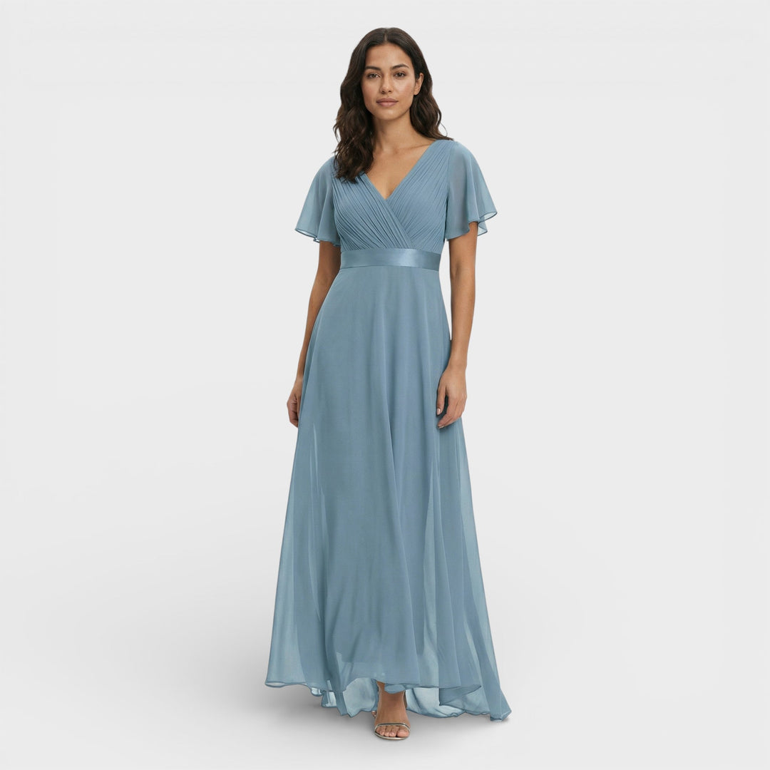 Vestito lungo donna con scollo a V, plissettato, maniche a farfalla, vita impero