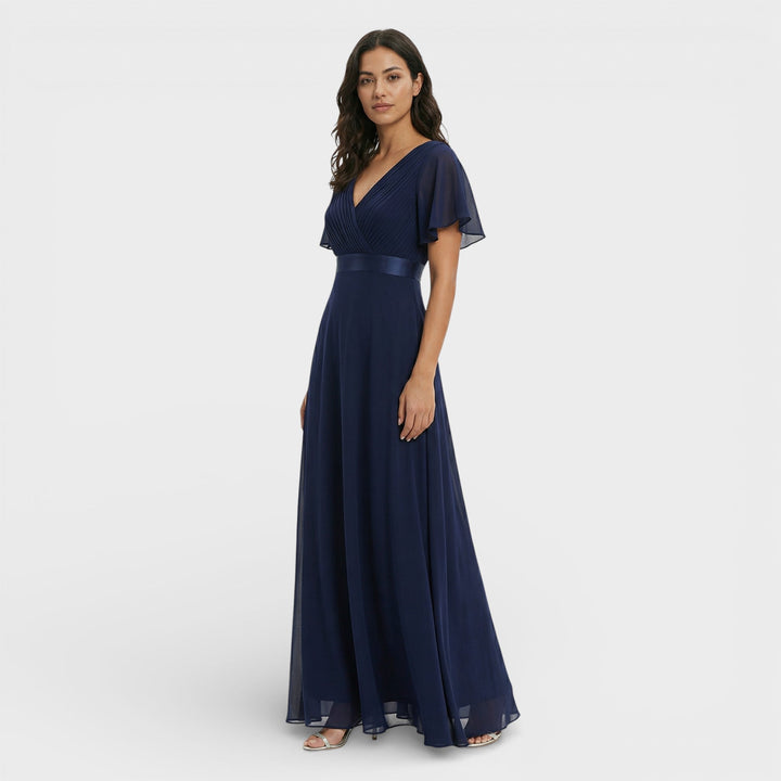 Vestito lungo donna con scollo a V, plissettato, maniche a farfalla, vita impero