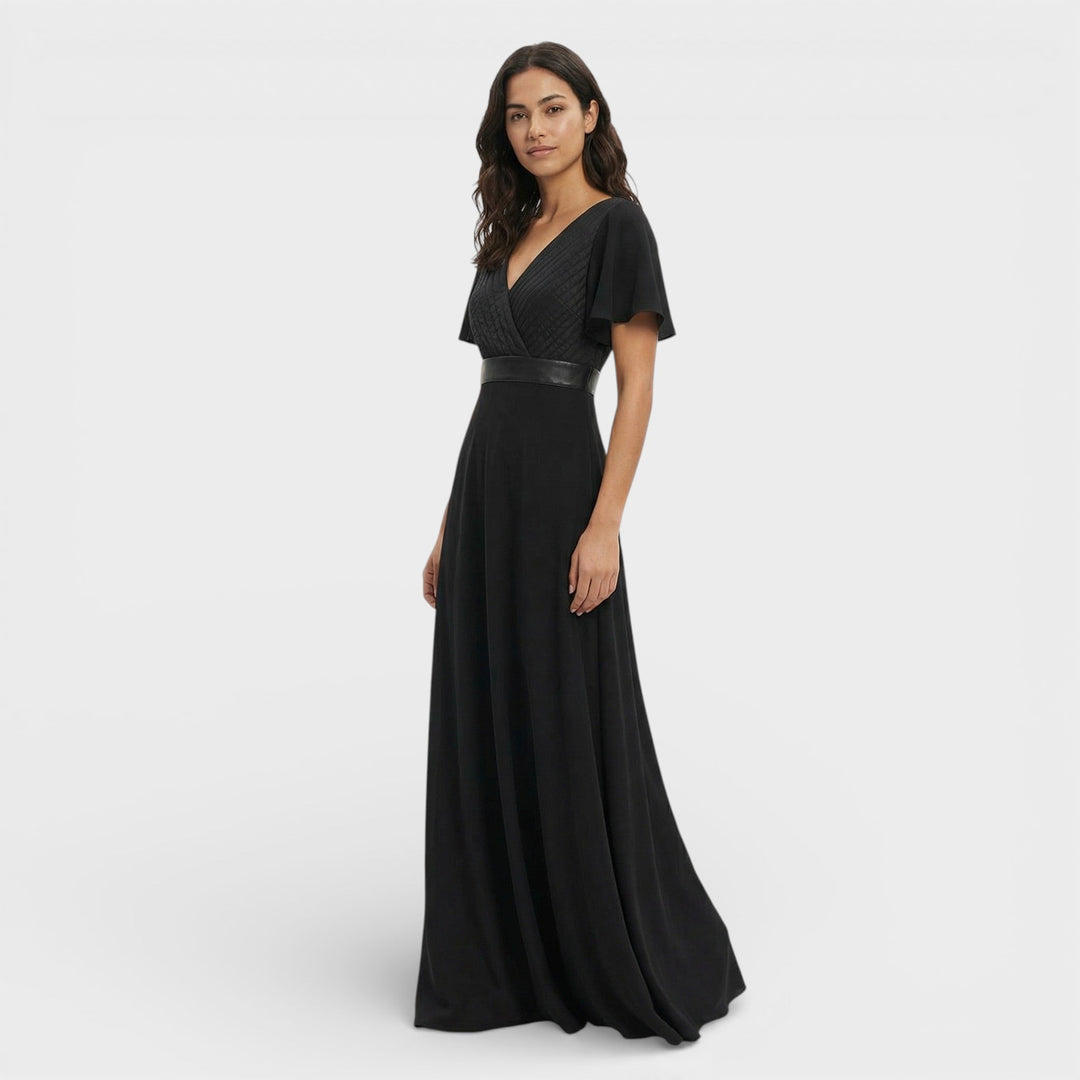 Vestito lungo donna con scollo a V, plissettato, maniche a farfalla, vita impero