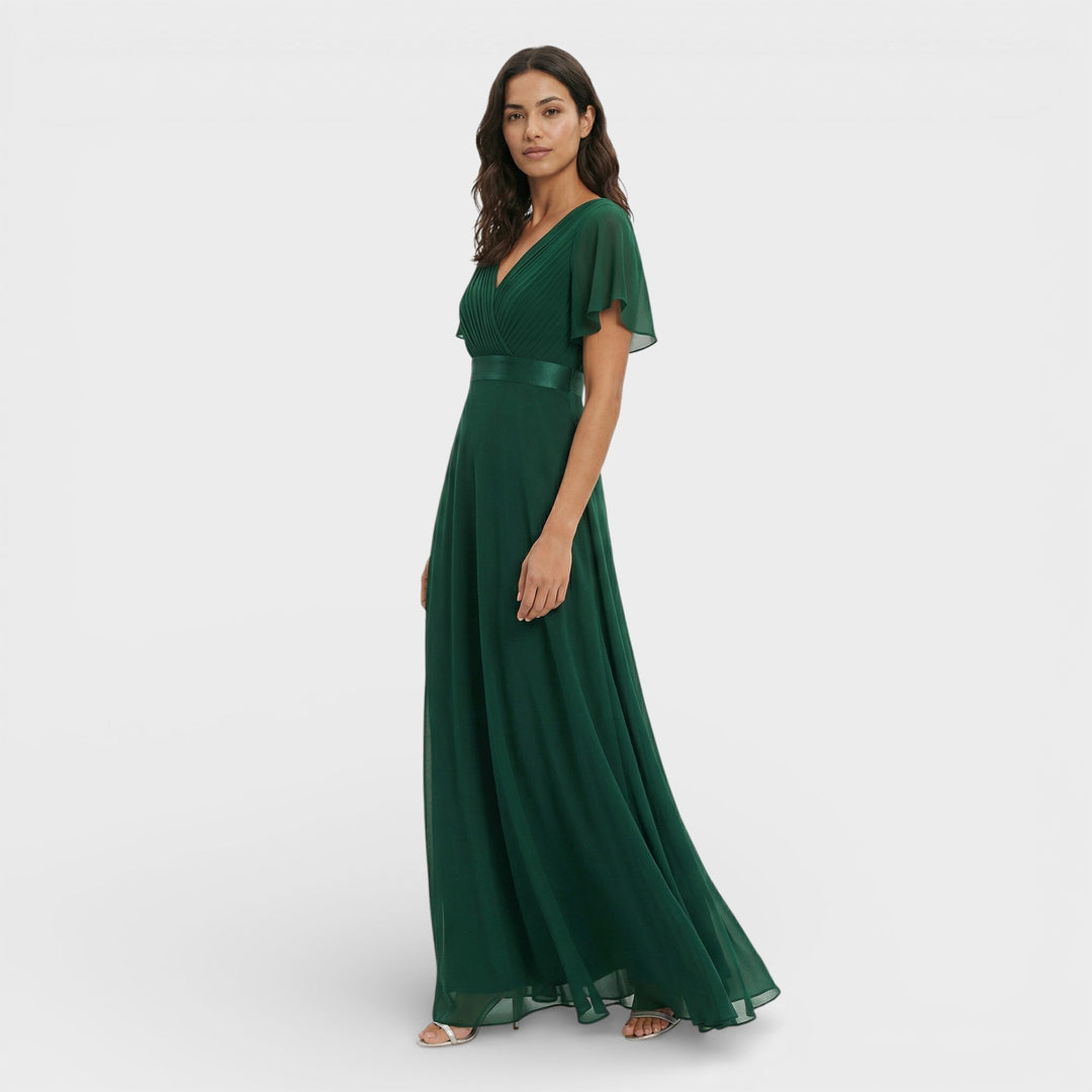 Vestito lungo donna con scollo a V, plissettato, maniche a farfalla, vita impero