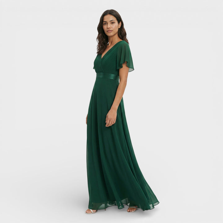 Vestito lungo donna con scollo a V, plissettato, maniche a farfalla, vita impero