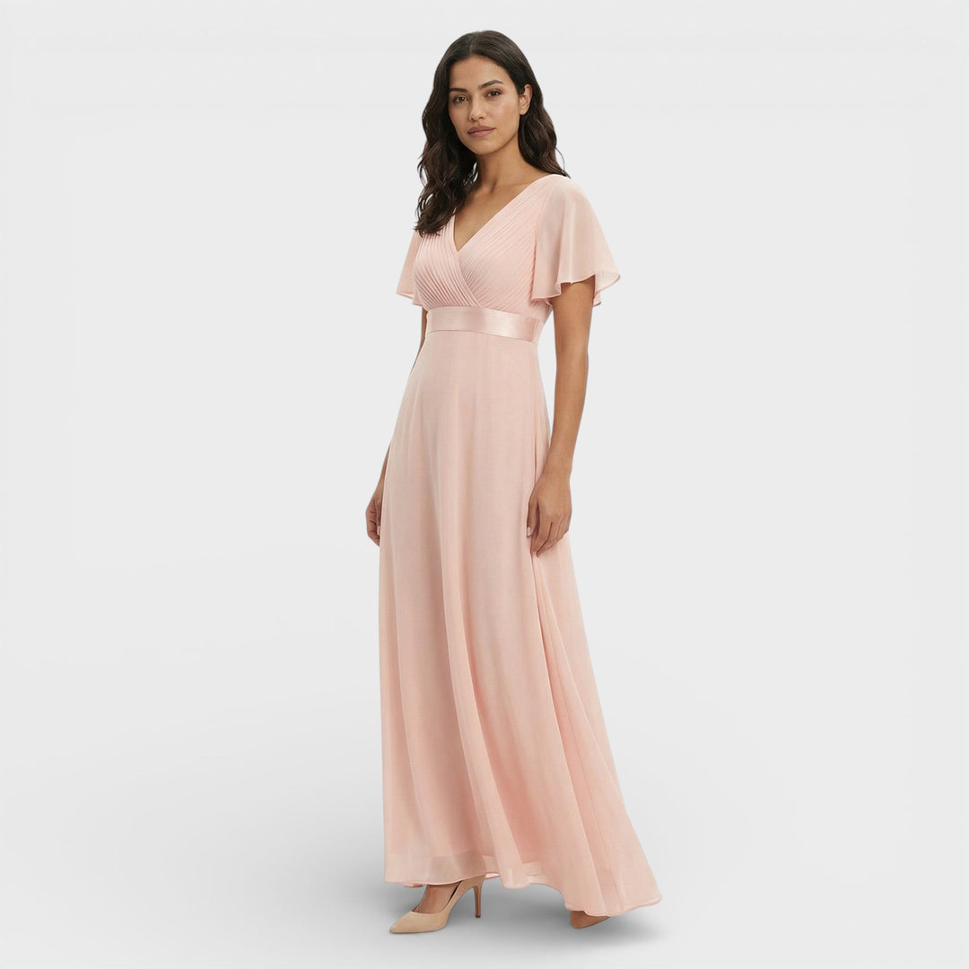 Vestito lungo donna con scollo a V, plissettato, maniche a farfalla, vita impero