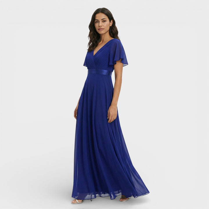 Vestito lungo donna con scollo a V, plissettato, maniche a farfalla, vita impero