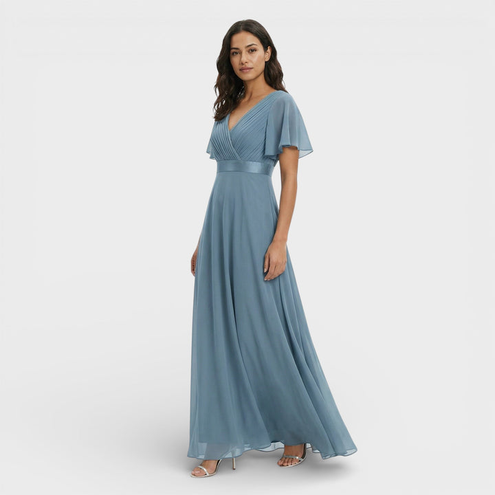 Vestito lungo donna con scollo a V, plissettato, maniche a farfalla, vita impero
