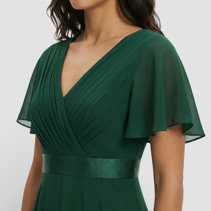 Vestito lungo donna con scollo a V, plissettato, maniche a farfalla, vita impero