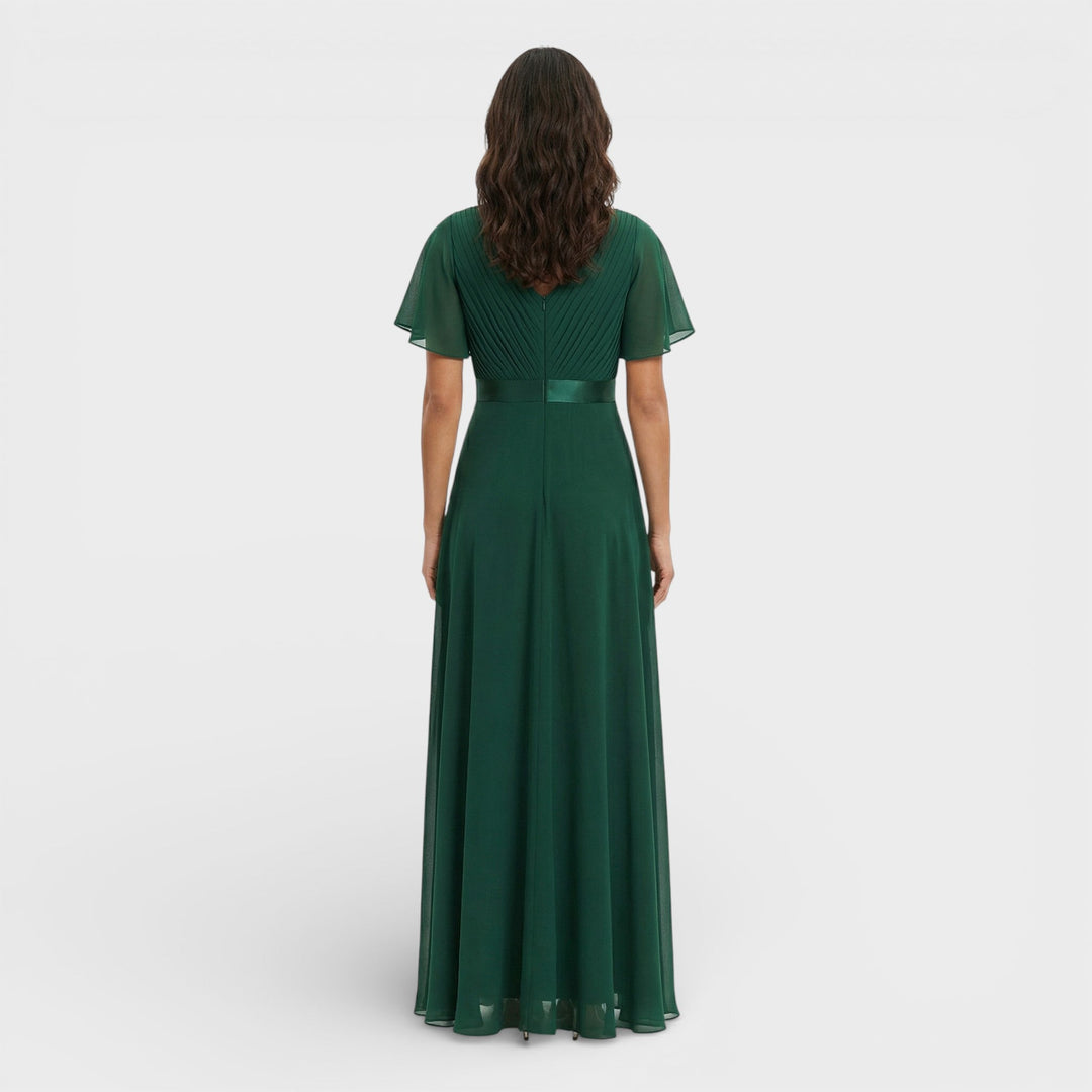 Vestito lungo donna con scollo a V, plissettato, maniche a farfalla, vita impero