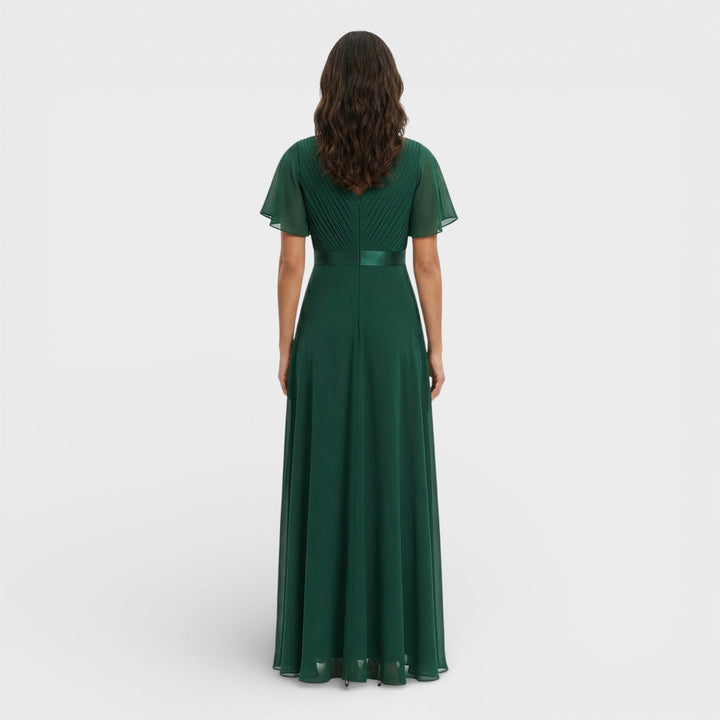 Vestito lungo donna con scollo a V, plissettato, maniche a farfalla, vita impero