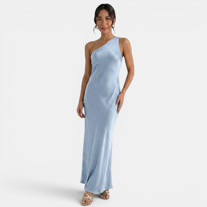 Vestito lungo da donna monospalla, schiena nuda da annodare, taglio a sirena