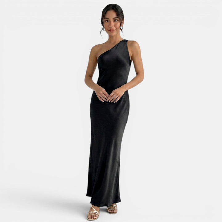 Vestito lungo da donna monospalla, schiena nuda da annodare, taglio a sirena